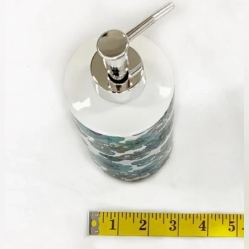 Sunburst Blue Grey Moth Clay Floral Ceramic Soap Lotion Dispenser 16 Oz